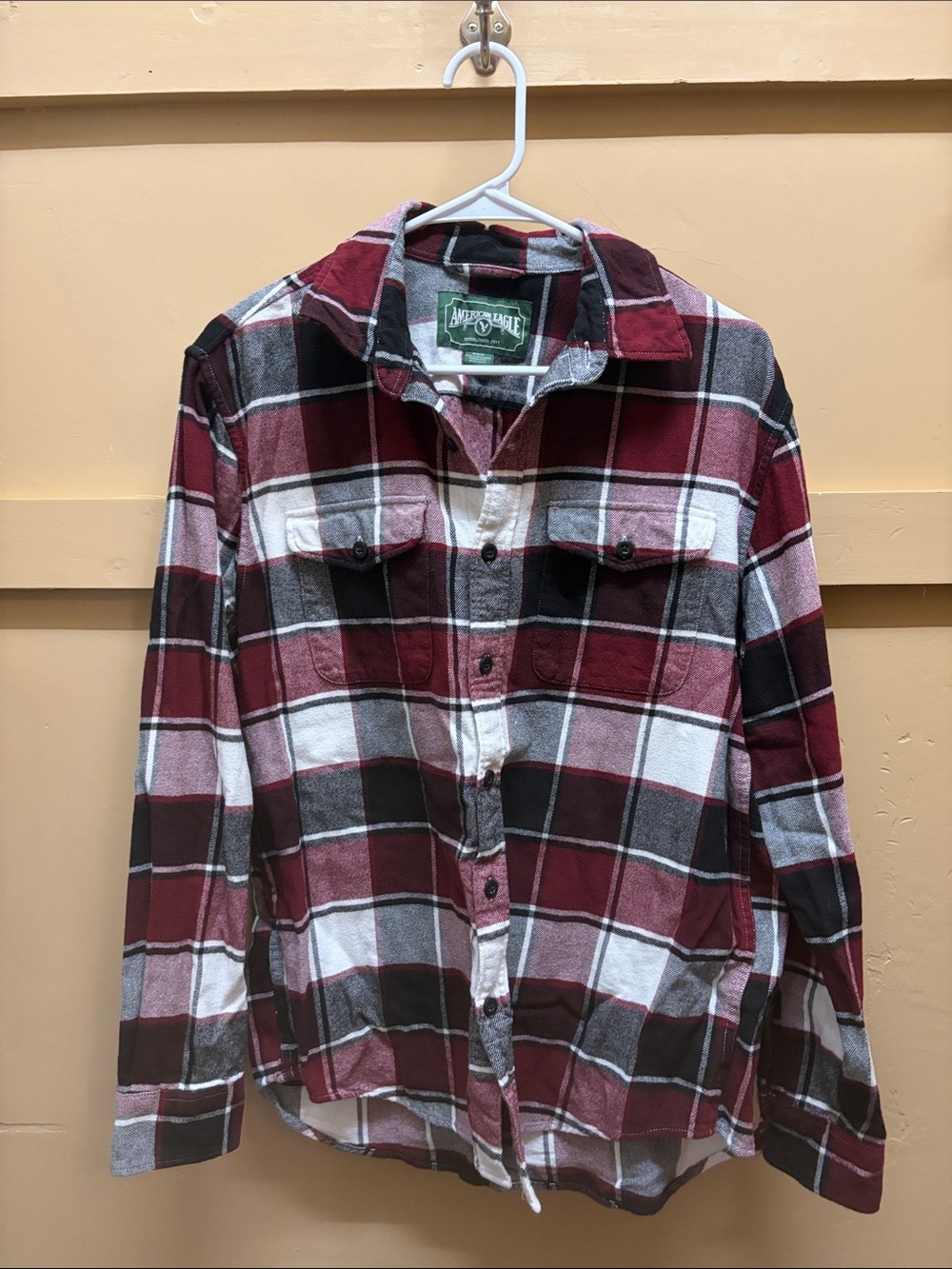 American Eagle Outfitters Burgundy and White Plaid Button-Down Shirt
